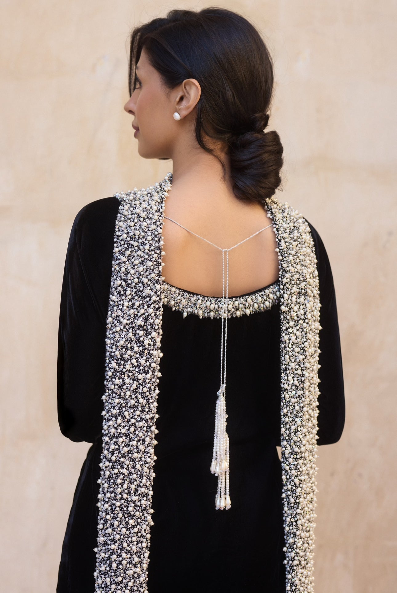 Black Velvet Pearl-Embellished Kameez Set