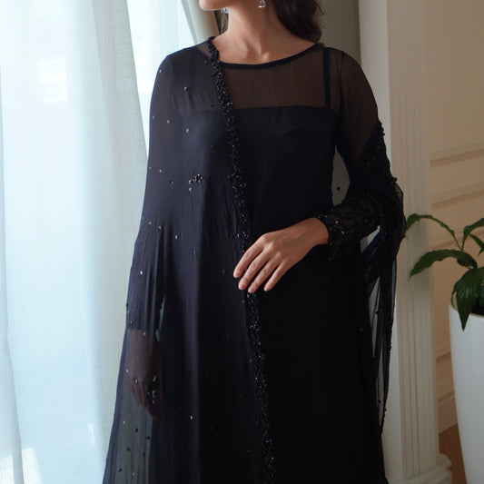 Black Korean Silk Set - Lightly Embellished