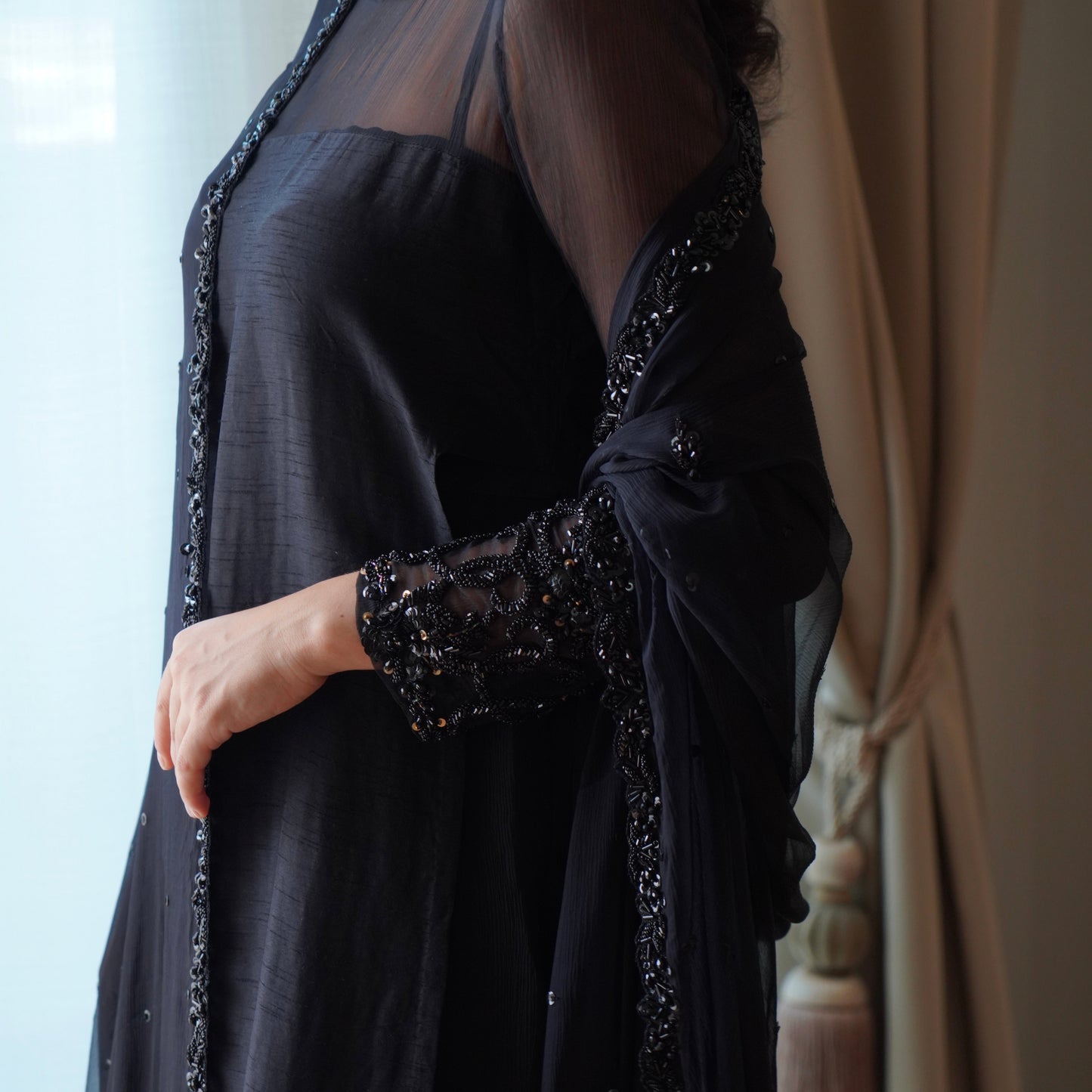 Black Korean Silk Set - Lightly Embellished