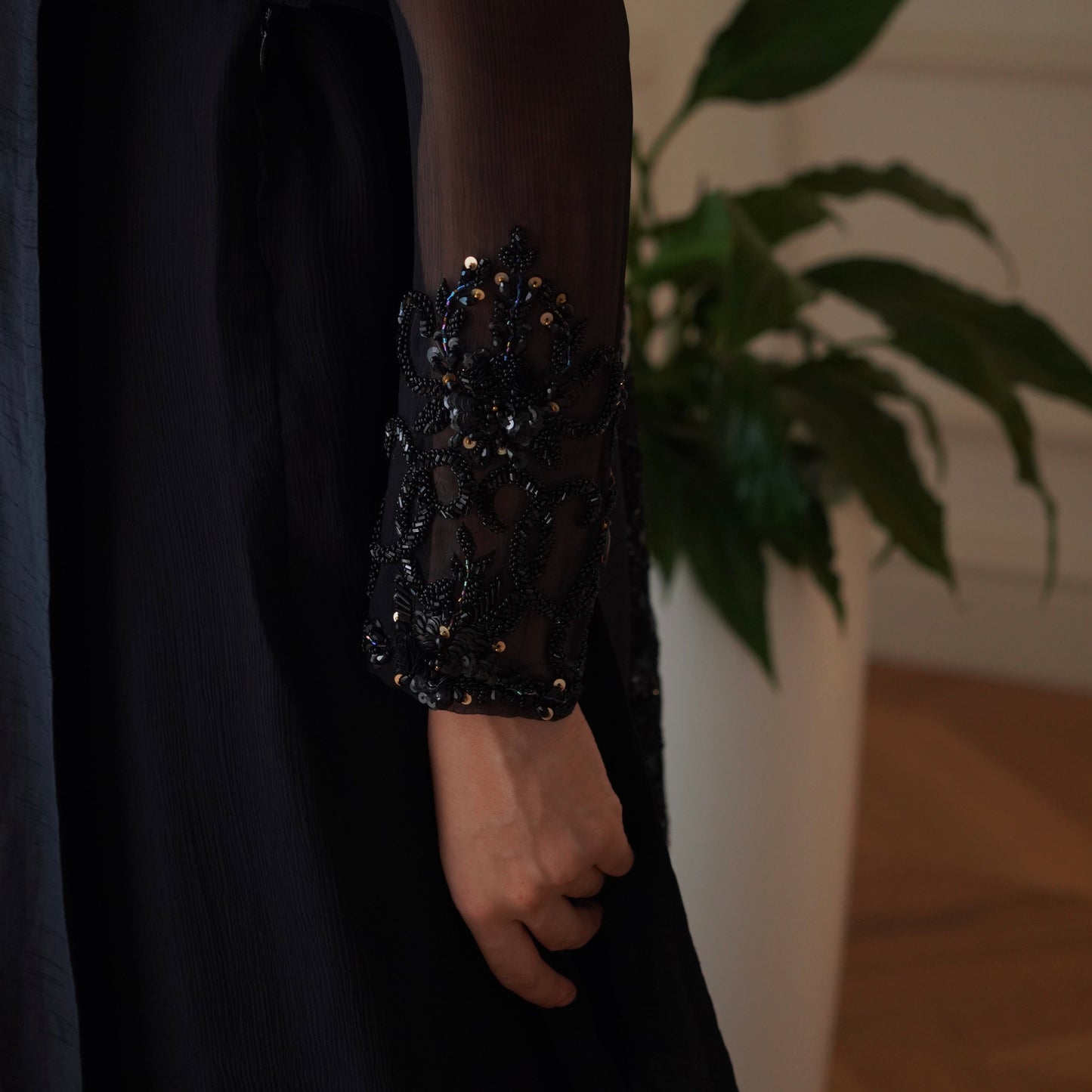 Black Korean Silk Set - Lightly Embellished