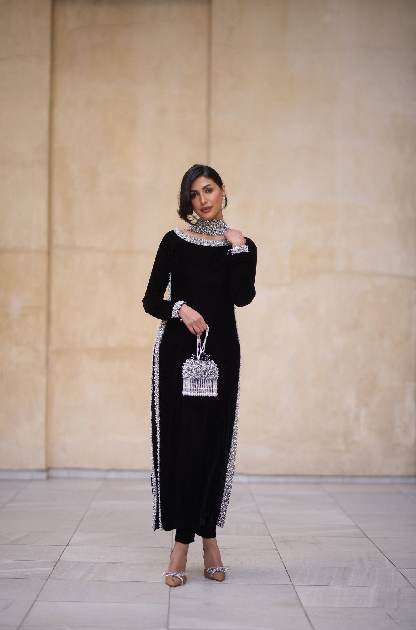 Black Velvet Pearl-Embellished Kameez Set