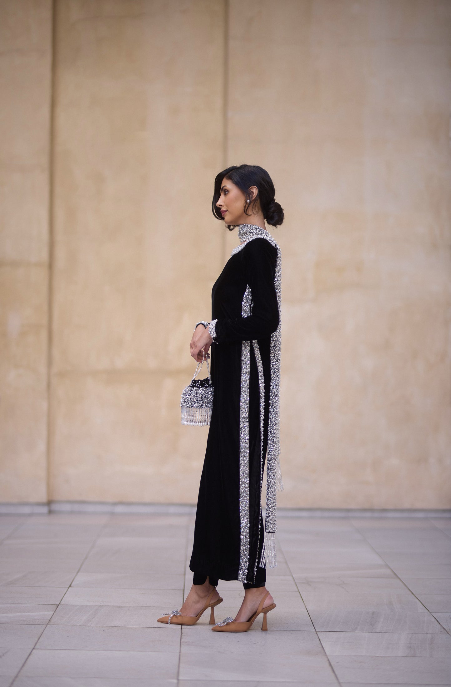 Black Velvet Pearl-Embellished Kameez Set