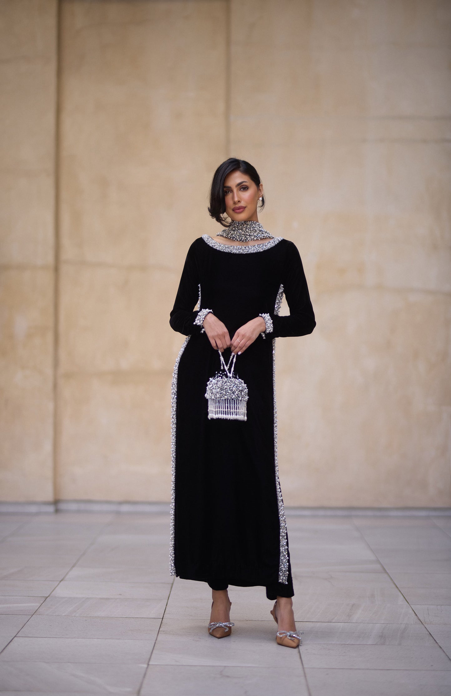 Black Velvet Pearl-Embellished Kameez Set