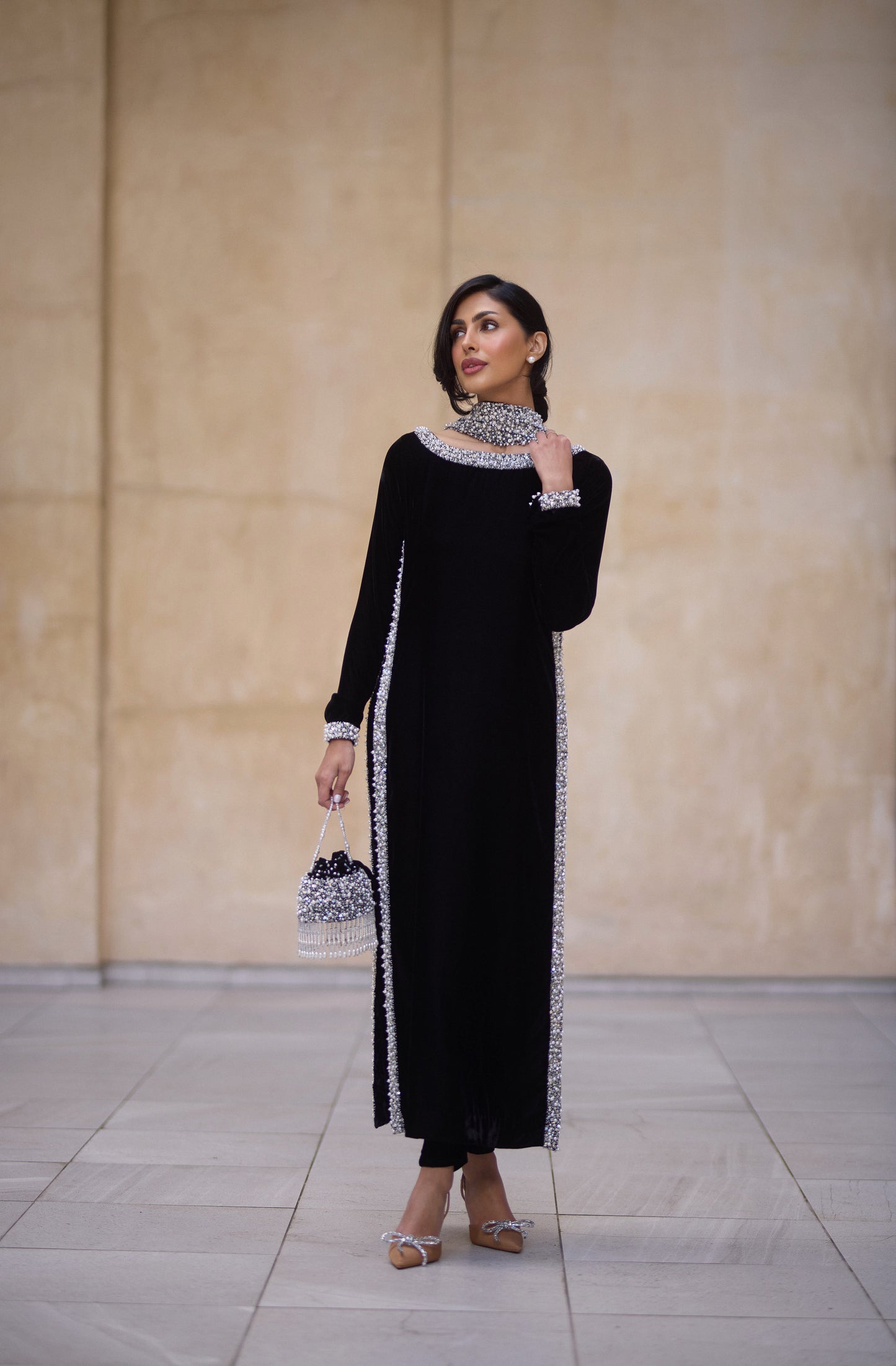 Black Velvet Pearl-Embellished Kameez Set