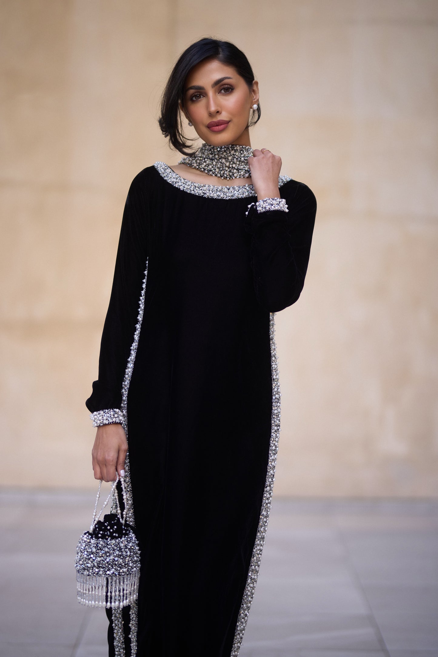 Black Velvet Pearl-Embellished Kameez Set