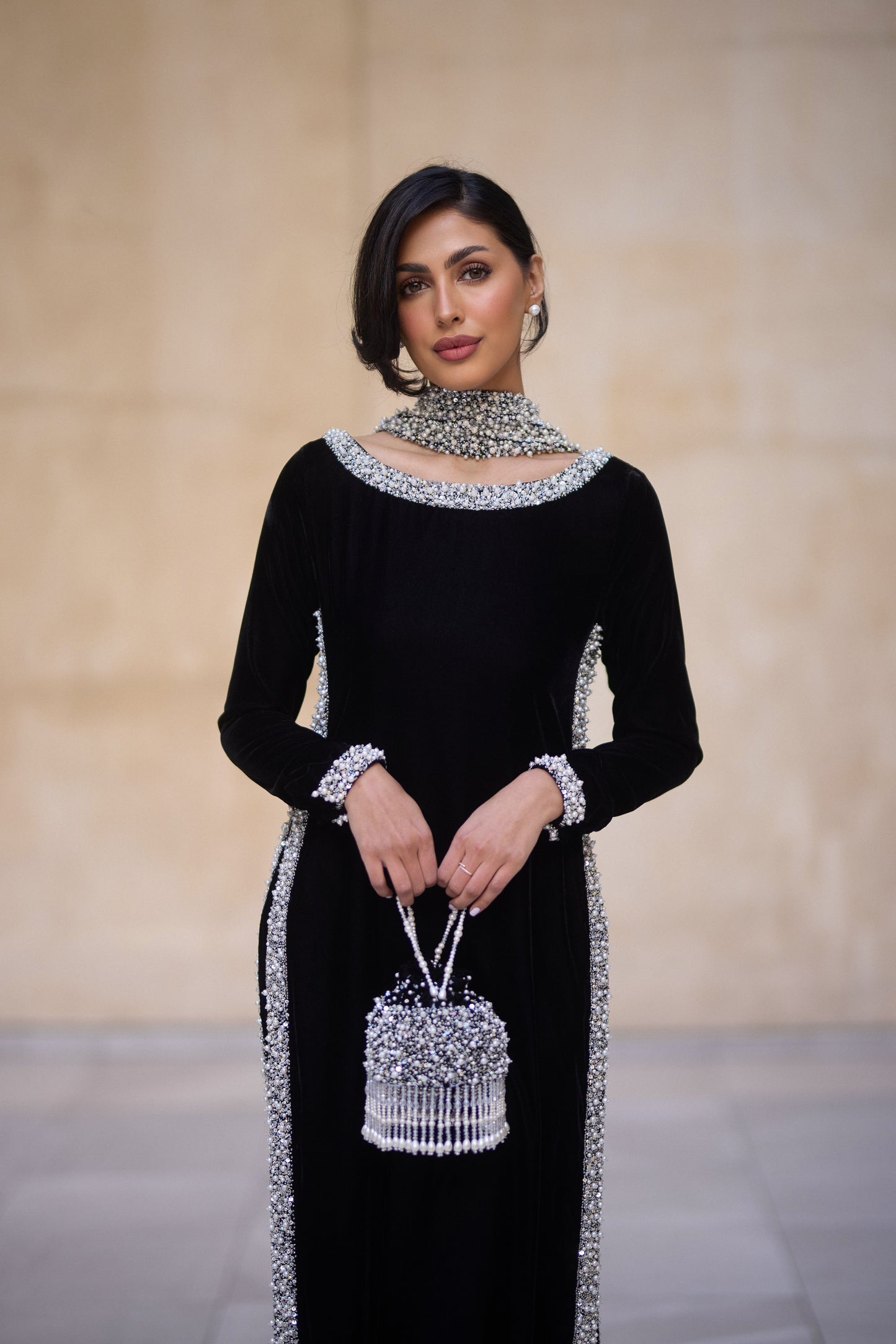 Black Velvet Pearl-Embellished Kameez Set
