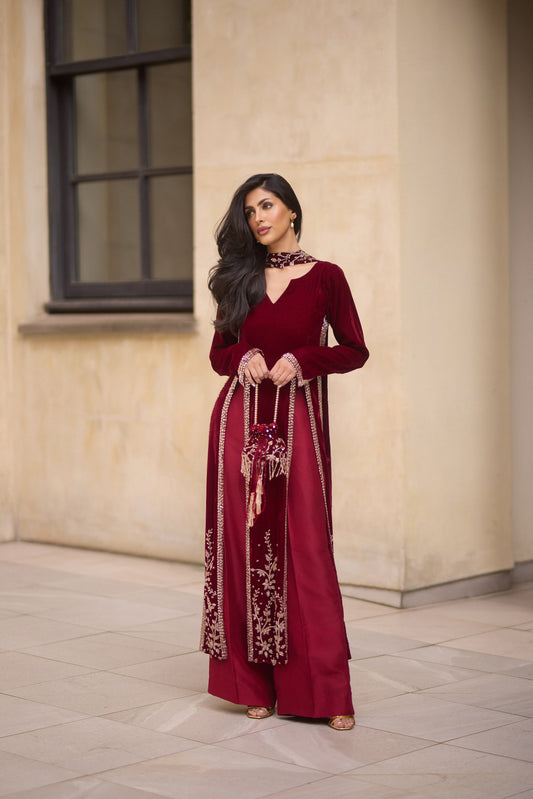 Maroon Velvet Kameez set